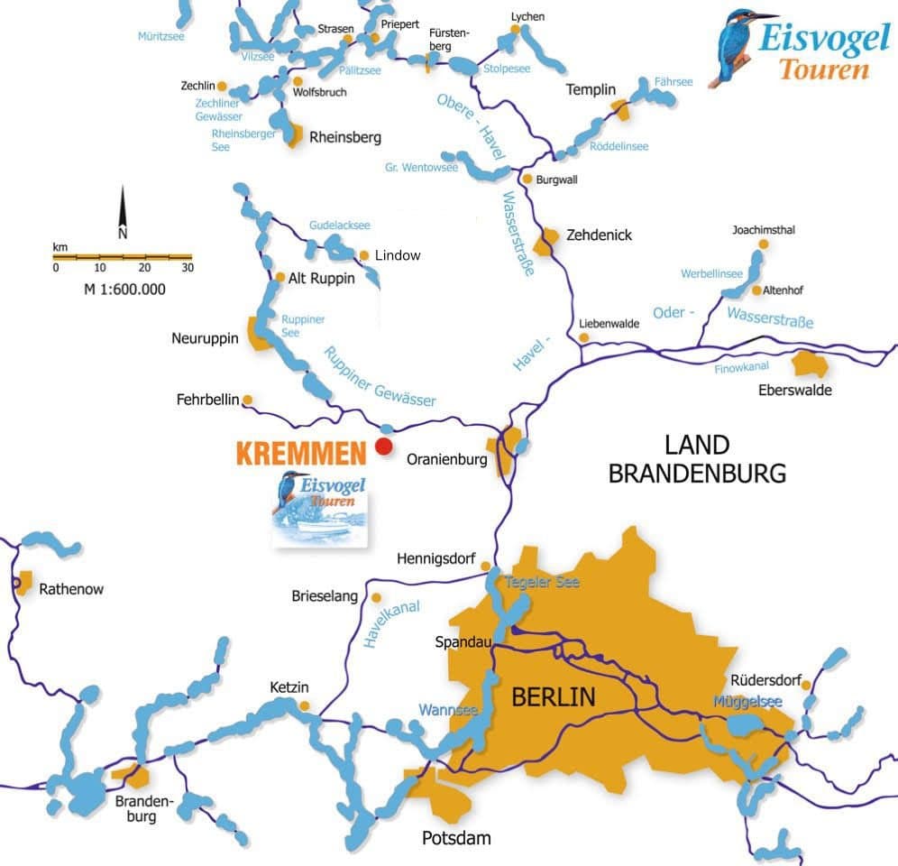 Revierkarte – über 2.000 km vernetzte Wasserwege von Kremmen am Kremmener See über das Ruppiner Seenland bis Rheinsberg, Müritz und Berlin